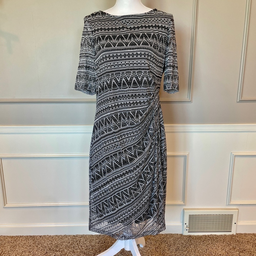 London Times Dress 16 Black White Faux Wrap Tribal Abstract Textured Office